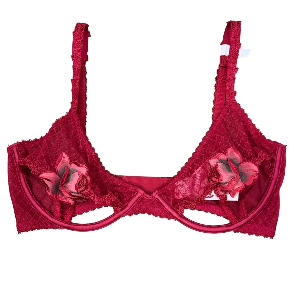Victoria's Secret Red Lace Floral Applique Unlined Underwire Bra M-DD 11258813